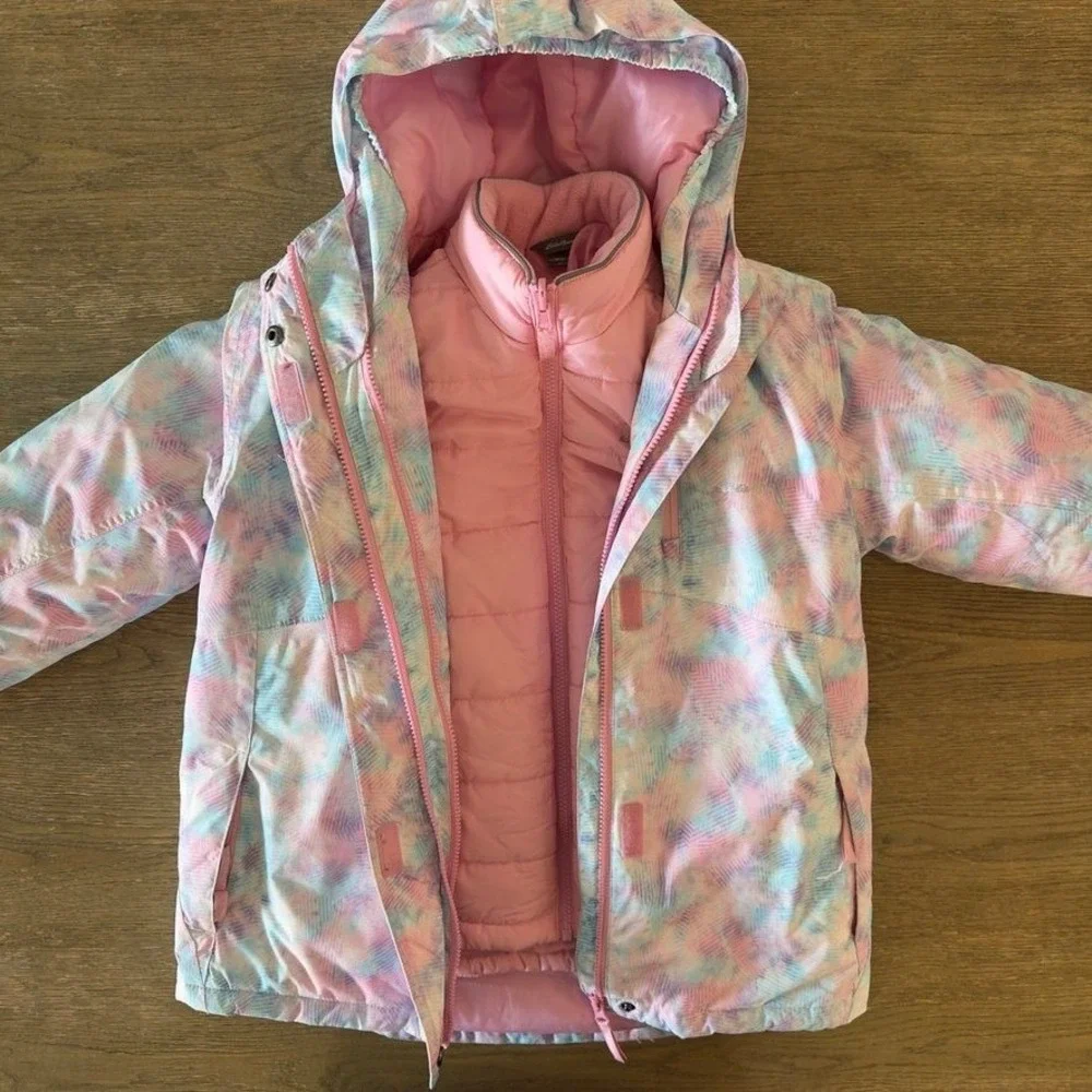Eddie Bauer Girls 3-in-1 Winter Jacket Pink Pastel Hooded Puffer Coat M 10/12